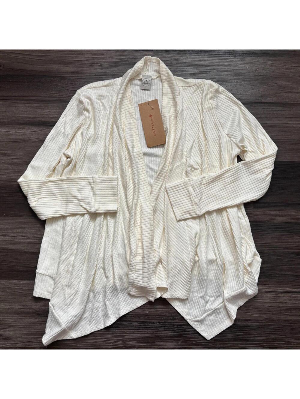 Paper Crane Women's Cardigan Size Small Beige Ribbed Drape Long Sleeves